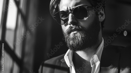 Stylish bearded businessman in black and white photo.