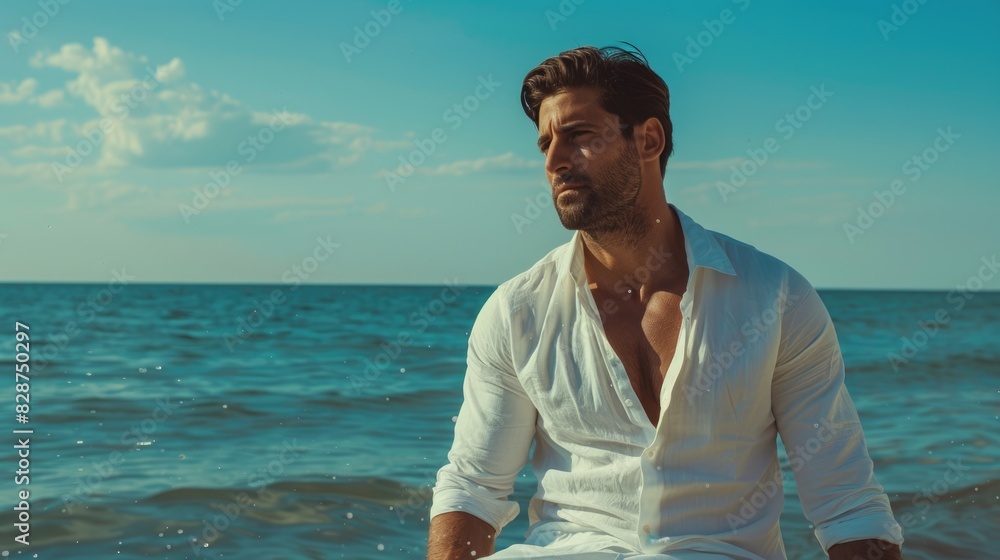 Handsome man wearing white clothes posing in sea scenery