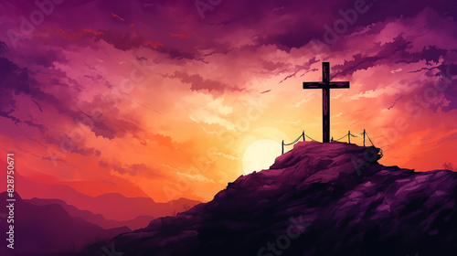 Silhouette of cross against colorful sky inspired deep spiritual faith, At sunset, reminding believers of Jesus Christ and profound essence of their religion amidst glowing light and drifting clouds.