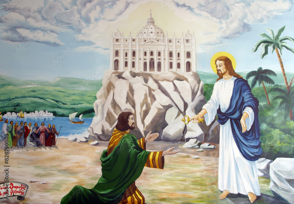 Φωτογραφία Jesus gives the keys to Saint Peter, painting in church parish church of the Sai