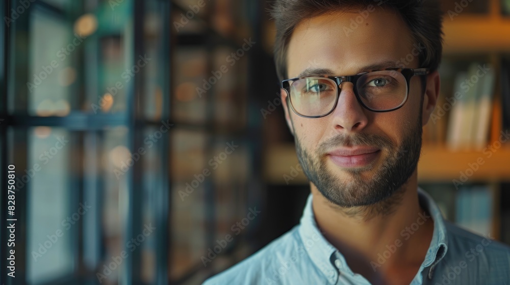 Confident businessman in glasses smiling for headshot portrait. Confident businessman in glasses smiling for headshot portrait.