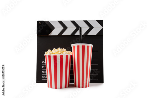 popcorn with soda and clapperboard, salty classic pop corn, motion picture production, Cinema tickets