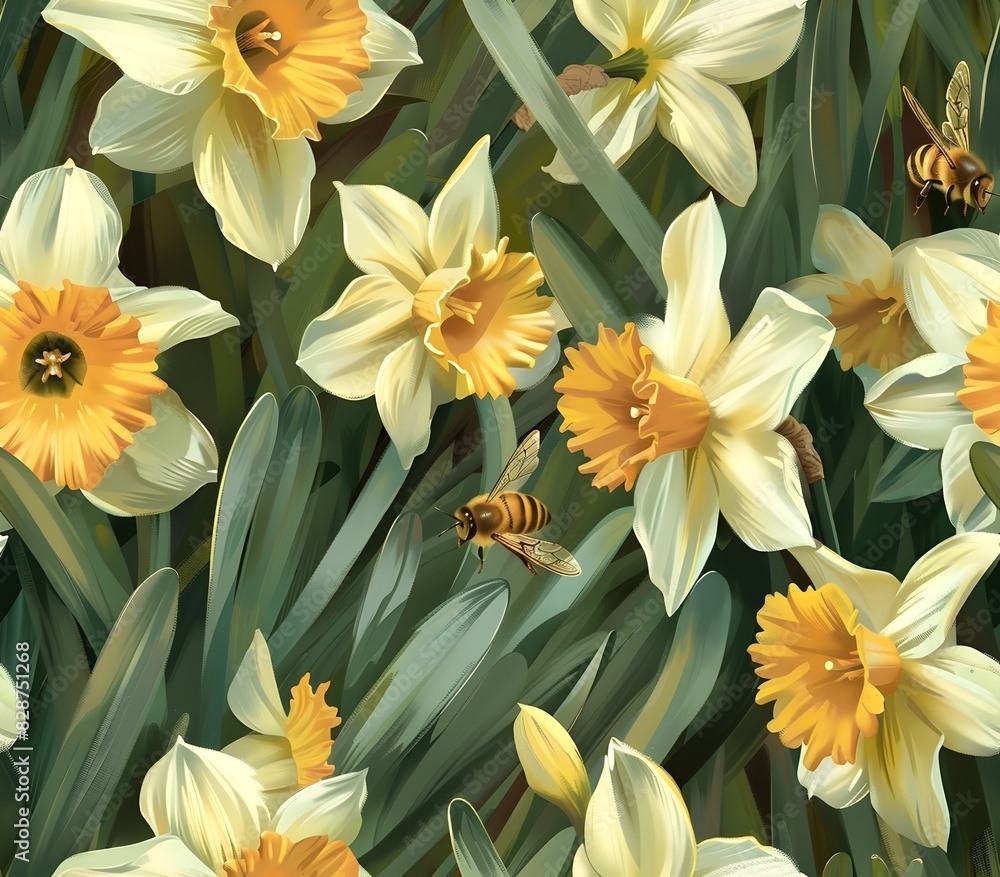 Fototapeta premium Radiant Daffodils in a Lush Spring Meadow with Bees Gathering Pollen Nostalgic Oil Painting Style