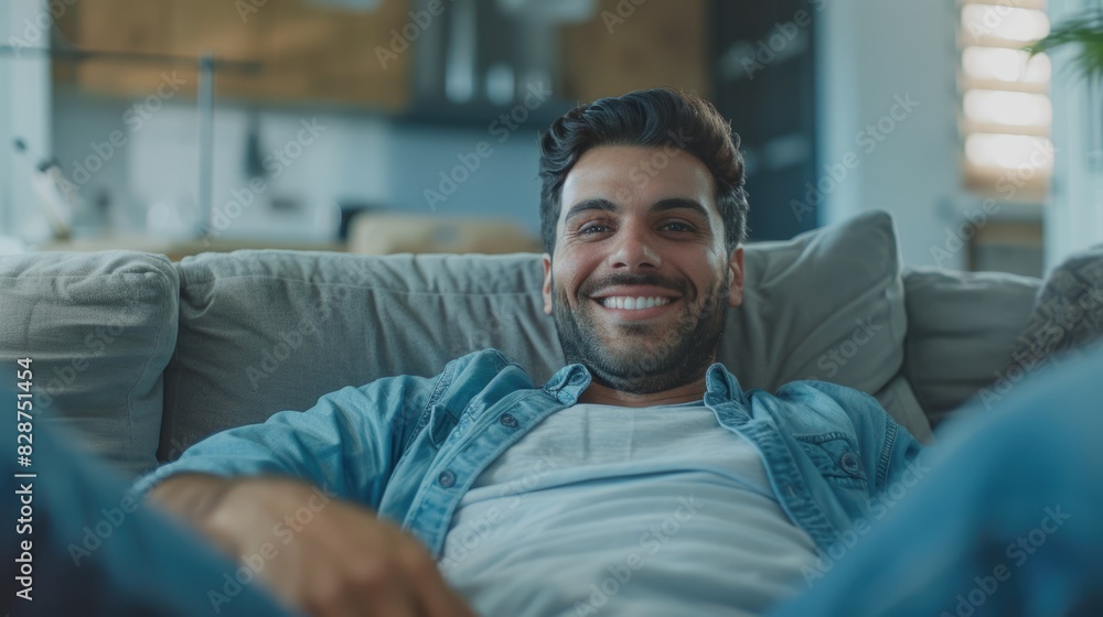 Happy mid adult man on sofa smiling at camera.
