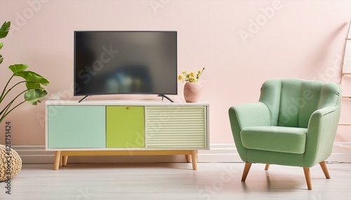 Soothing Pastel Oasis: 3D Rendering of a TV Room with a Green Armchair" "Elegant Tranquility: Pastel TV Room featuring a Stylish Green Armchair - 3D Render"