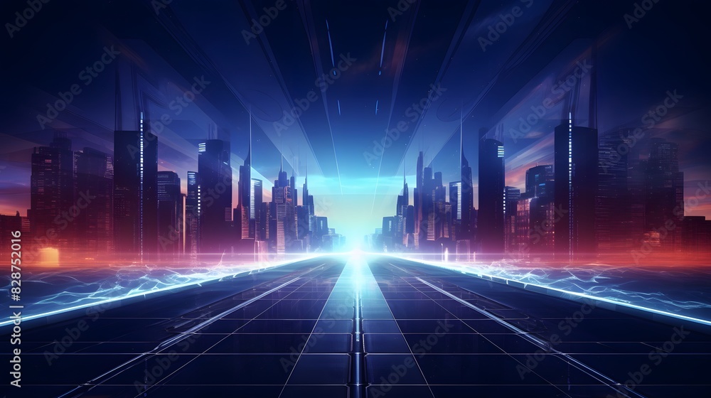 Futuristic cityscape background with glowing blue lines. High-tech skyscrapers. Generative AI. Futuristic cityscape background with glowing blue lines. High-tech skyscrapers. Generative AI.