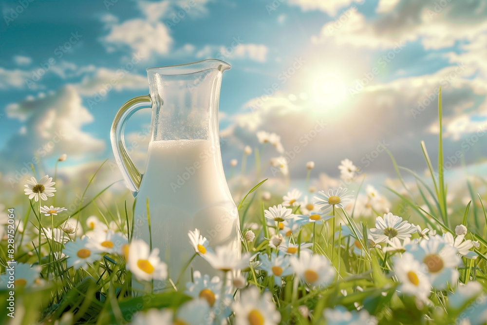 milk jug on nature background grass with daisies milk jug on nature background grass with daisies