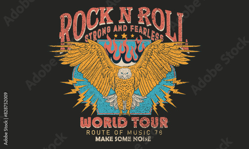 Rock and roll print design for t-shirt. Eagle fly artwork. Music world tour design.