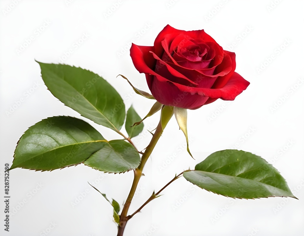 Obraz premium Single Red Rose With Green Leaves on White Background isolated