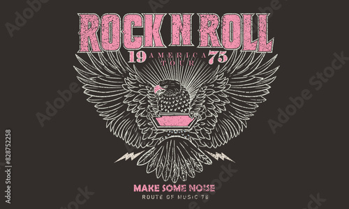 Rock and roll graphic print design for apparel, stickers, posters and background. Eagle fly vector artwork design for t-shirt and others.