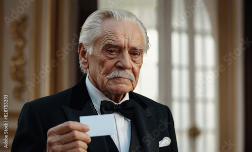 rich old man with a mustache in a tuxedo with a business card in his hand