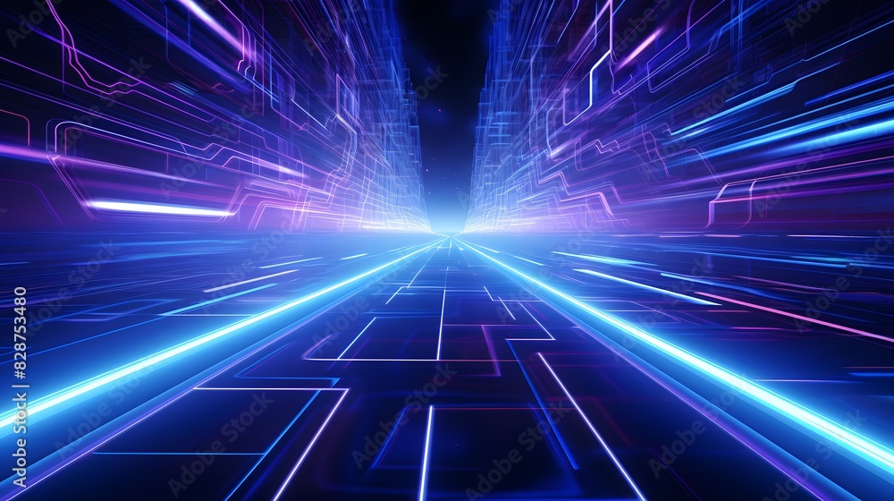 Futuristic cityscape background with glowing blue lines. High-tech skyscrapers. Generative AI. Futuristic cityscape background with glowing blue lines. High-tech skyscrapers. Generative AI.