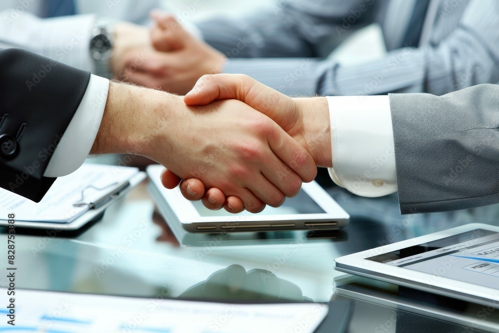 Closeup of Business People Shaking Hands over Financial Documents in Office Closeup of Business People Shaking Hands over Financial Documents in Office
