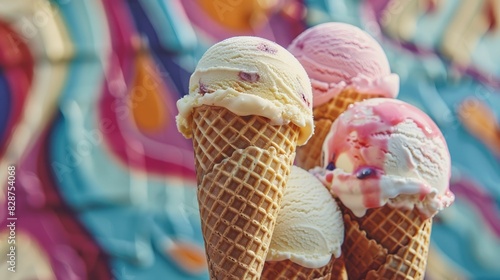 A creatively composed image of ice cream cones with intricate patterns, captured against a stylish summer background with space for copy