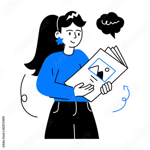 Trendy doodle mini illustration of girl reading book 