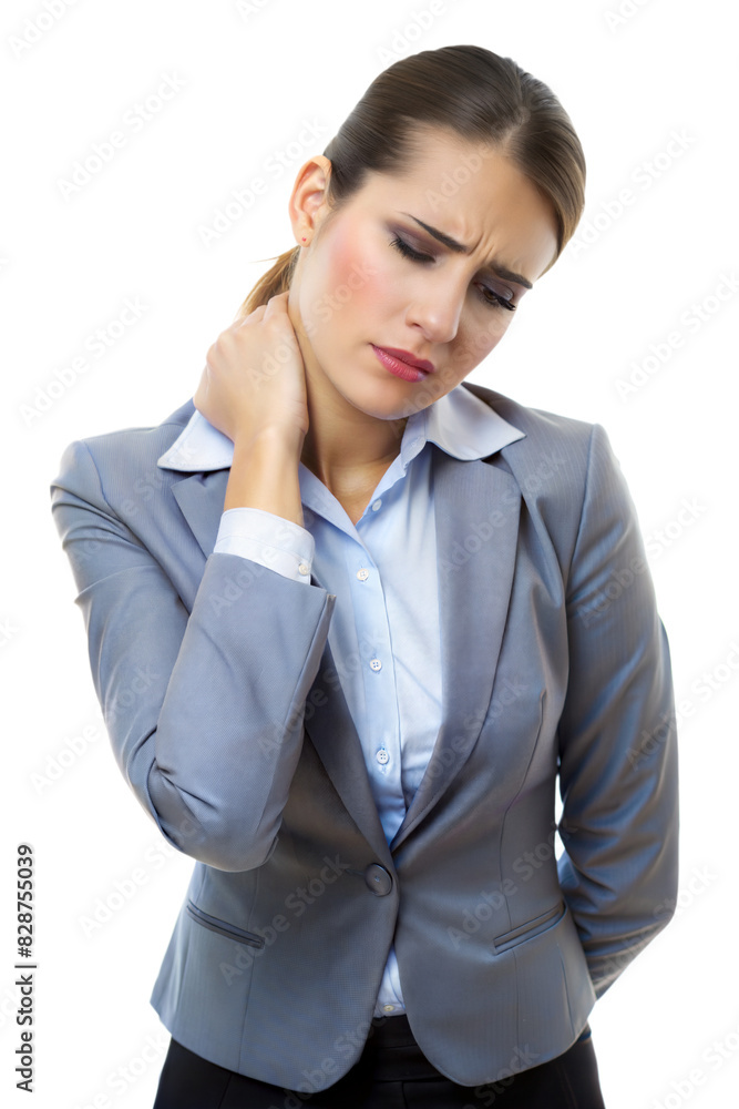 Tense Office Worker – Female: A portrait of a female office worker with a tense expression, holding her neck in discomfort, isolated on a white background.
Tense Office Worker – Female: A portrait of a female office worker with a tense expression, holding her neck in discomfort, isolated on a white background.