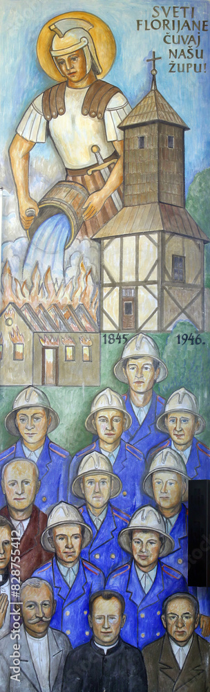 Naklejka premium Saint Florian, the patron saint of firefighters, fresco in the Parish Church of the Sacred Heart of Jesus in Ivanovo Selo, Croatia