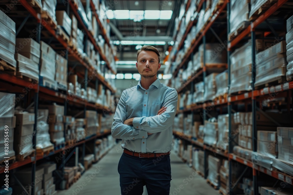 A man stands in a warehouse with his arms crossed. The warehouse is filled with boxes and shelves, and the man is in a serious or focused mood A man stands in a warehouse with his arms crossed. The warehouse is filled with boxes and shelves, and the man is in a serious or focused mood
