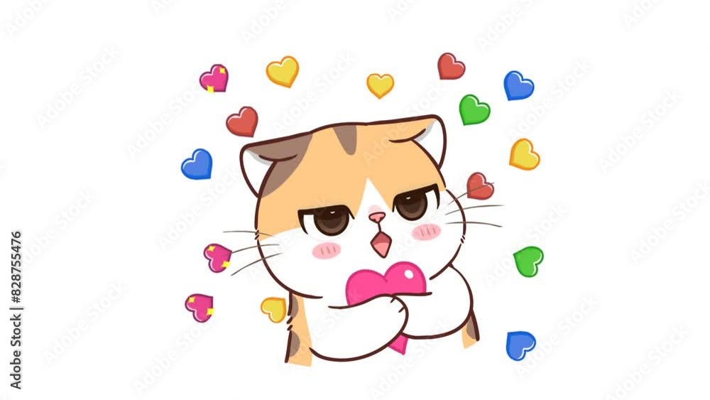 Animated Little Cat Hugging Multicolored Hearts - White Background Animated Little Cat Hugging Multicolored Hearts - White Background