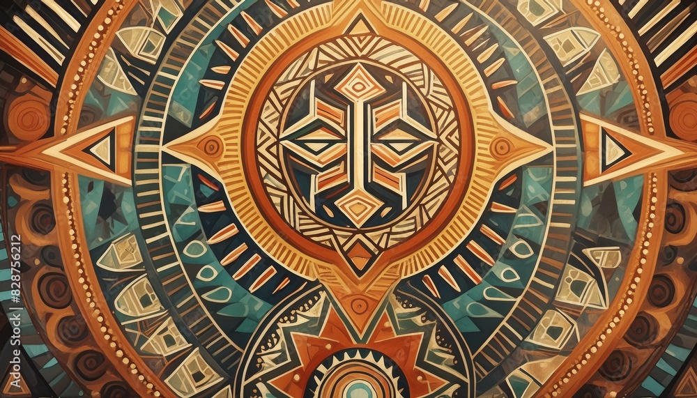 Tribal, pattern and abstract of African art for mural, indigenous culture and background. Geometric, wallpaper and ancient illustration with painting for traditional design, decoration and artwork