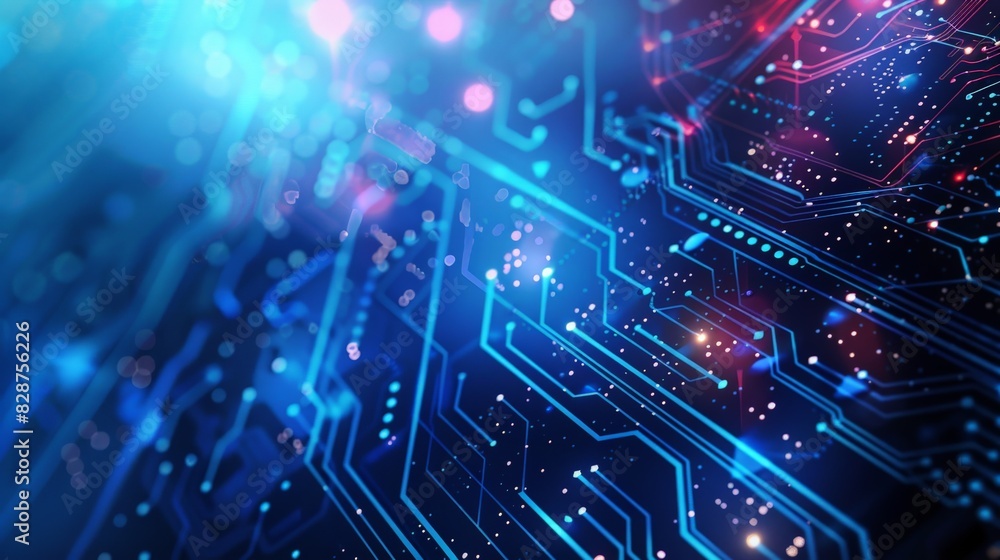 Computer Circuit Board Illuminated by Blue and Red Lights