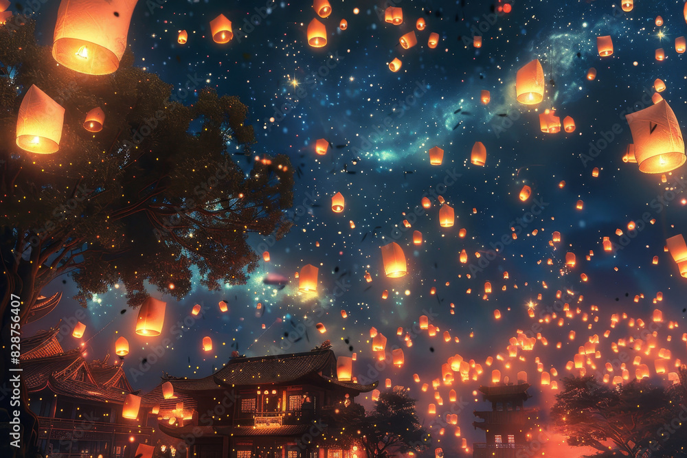 Obraz premium A sky full of lanterns with a house in the background