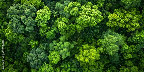 A lush carpet of various shades of green treetops as seen from above, highlighting the dense texture of a forest