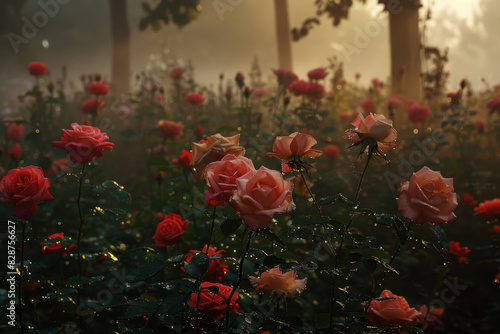 A field of red roses with dew on them