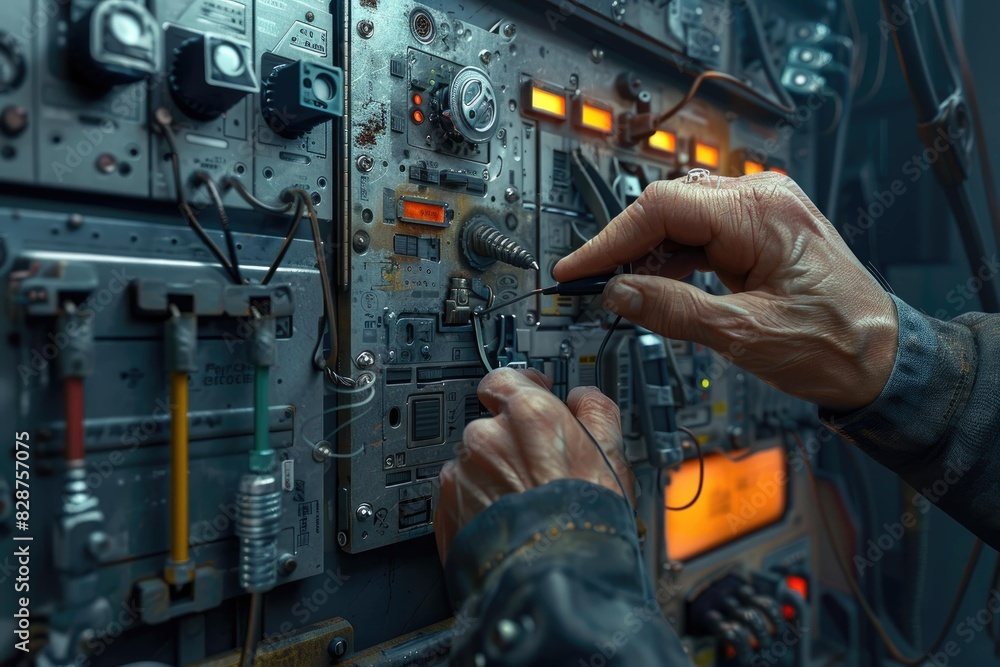 Electrician’s Hand Using Multitool to Work on Electrical Panel with Cables Electrician’s Hand Using Multitool to Work on Electrical Panel with Cables