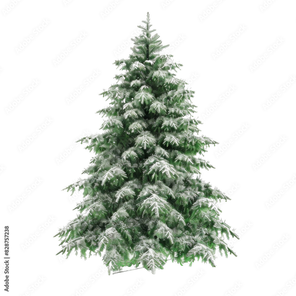 A snow-dusted evergreen tree stands tall against a transparent background. A snow-dusted evergreen tree stands tall against a transparent background.