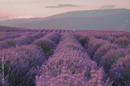 A field of lavender flowers with a beautiful purple sky in the background