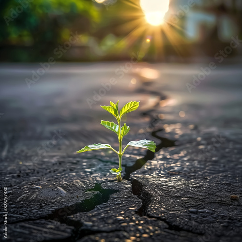 Young green plant growing through cracked asphalt with sunlight in the background. Concept of resilience, growth, and hope. Design for poster, wallpaper, and print. Macro shot