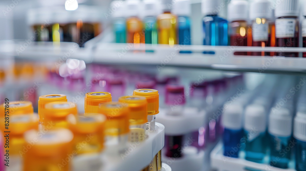 A shelf full of colorful bottles with labels on them A shelf full of colorful bottles with labels on them