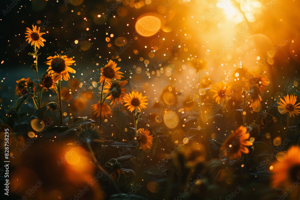Fototapeta premium A field of yellow flowers with a bright sun shining on them