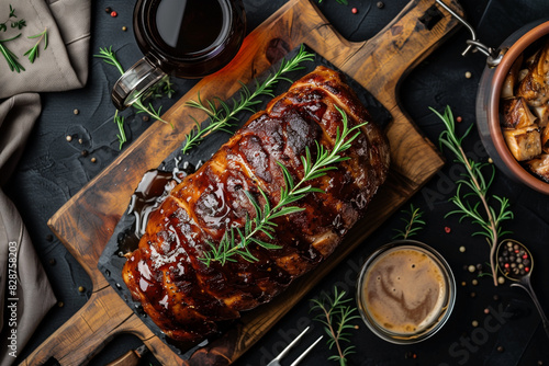 baked pork with dark beer, on table, top view