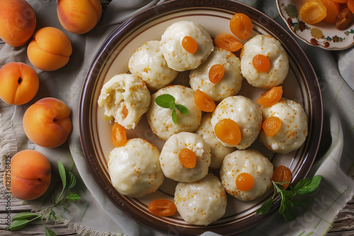 marillenknodel dumplings with apricots, on table, top view