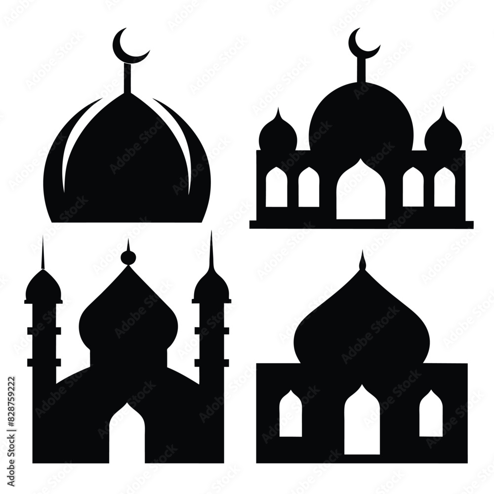 Set of Islamic ornament icons with mosque black vector on white background