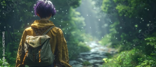 Una mujer mayor con cabello morado muy corto, vista desde atrás, lleva una mochila en la espalda y camina por un sendero en un bosque mágico de fantasía.