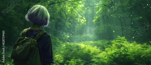 Una mujer mayor con cabello morado muy corto, vista desde atrás, lleva una mochila en la espalda y camina por un sendero en un bosque mágico de fantasía.