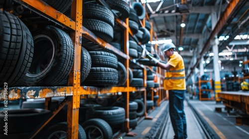 Los ingenieros están verificando el orden de la producción de neumáticos en la industria.







