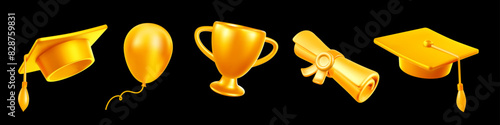 Vector illustration of set of golden shine graduate cap with tassel and diploma scroll on black background. 3d style design of object collection of graduation hat with air balloon and winner cup