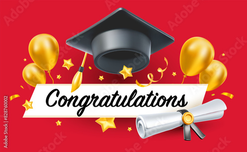 Vector illustration of black graduate cap and diploma scroll on red background. 3d style design of congratulation graduates 2024 class with graduation hat and golden air balloon. Congratulations word
