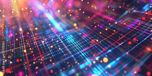 a digital landscape filled with glowing grid lines and particles colorful grid