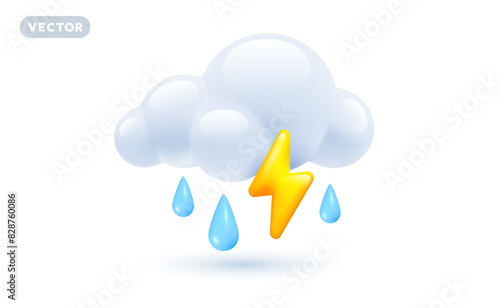 Vector weather rainy storm day illustration of shine yellow color lightning with fluffy cloud and rain drop on white background with shadow. 3d cartoon style design of thunderstorm cloud