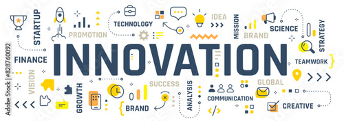 Vector creative illustration of innovation word typography with line icon, word cloud on white color background. Innovation business infographic concept. Line art style design