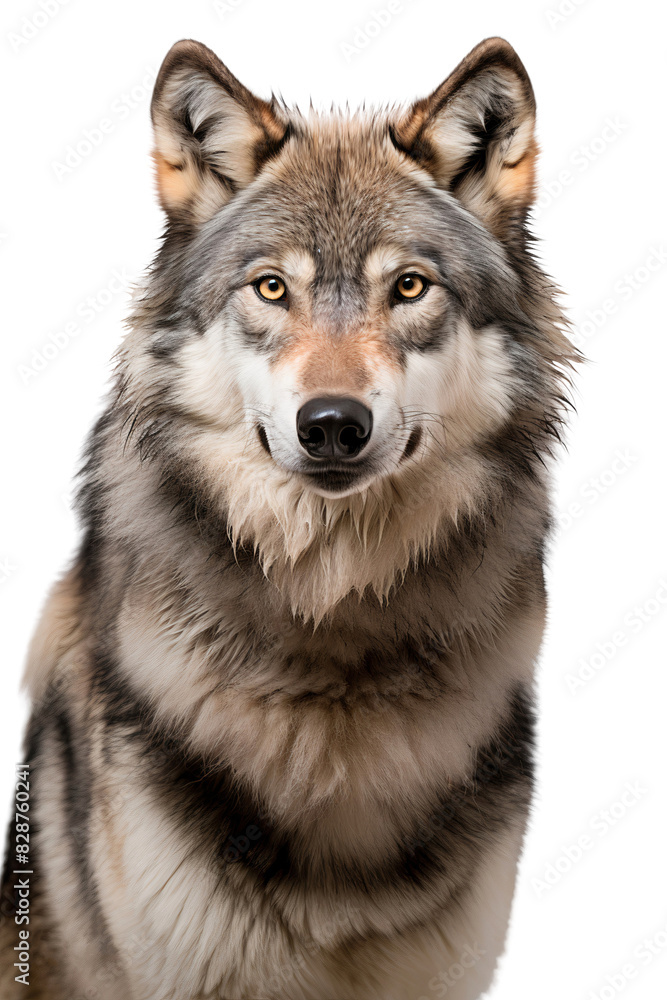 Portrait of a gray wolf looking at camera, wildlife animal, isolated on transparent background Portrait of a gray wolf looking at camera, wildlife animal, isolated on transparent background