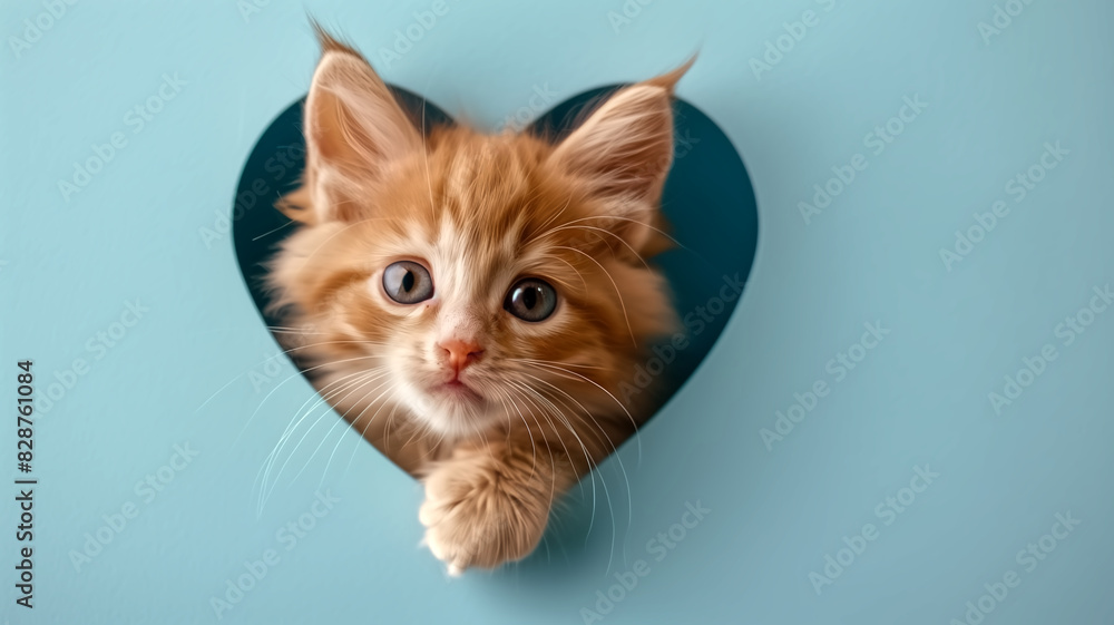Orange kitten peeking through heart-shaped hole in blue background. Studio pet portrait with copy space. Love and pet adoption concept for design and print. Orange kitten peeking through heart-shaped hole in blue background. Studio pet portrait with copy space. Love and pet adoption concept for design and print.