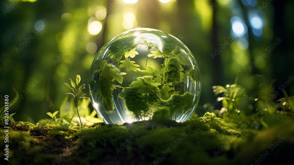 Oval glass terrarium containing plants against the backdrop of a forest. Generative AI. Oval glass terrarium containing plants against the backdrop of a forest. Generative AI.
