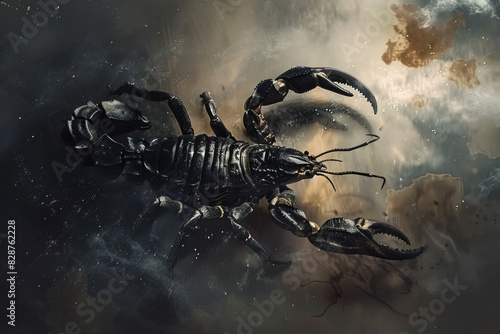 A black scorpion is shown in a dark background