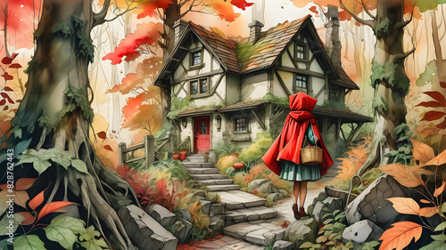 Little Red Riding Hood in the forest with a basket and a wolf